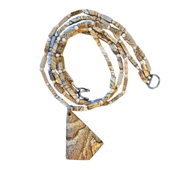 Source Unknown Jewelry - Picture Jasper 18" Necklace 3 Strands Natural Stone Beads Pendant Tan Brown Gold